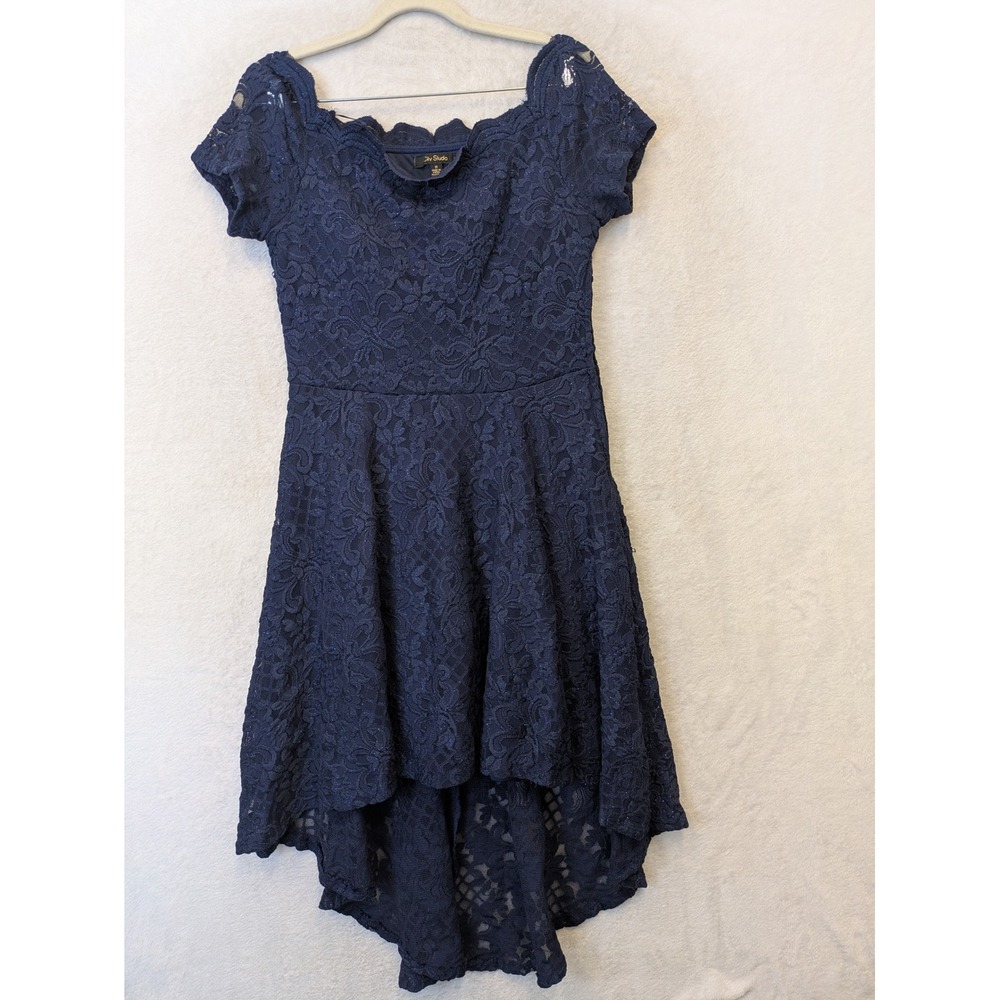 City Studio High Low Dress Women's 11 Navy Blue Sparkle Floral Lace Off Shoulder